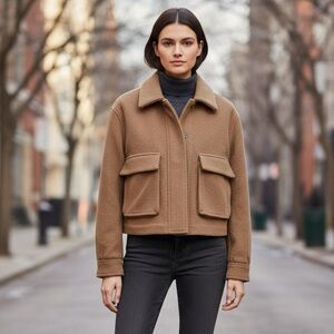 BCBGeneration Short Teddy Faux Camel Wool Bomber Camel Workwear Cargo Pockets L